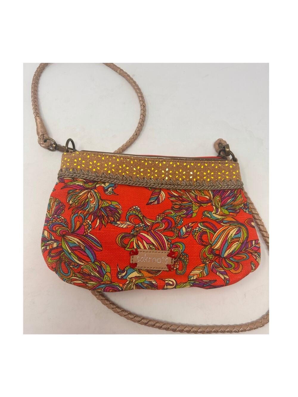 Sakroots Orange with Birds Peace Crossbody Zipper Bag/Purse Long Rope Strap